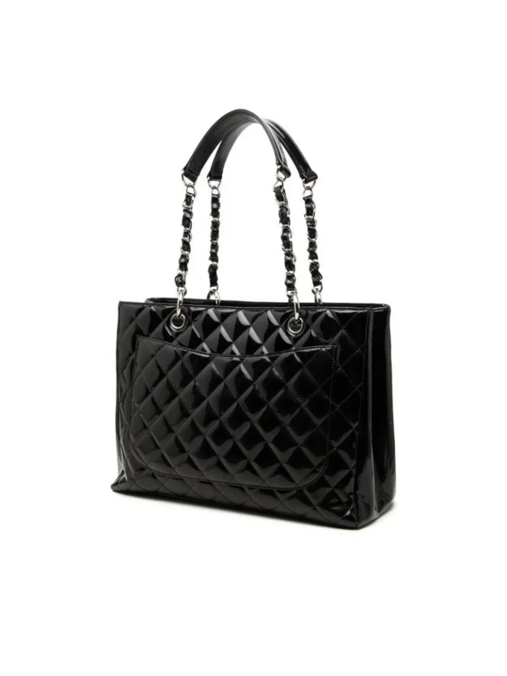 Chanel Quilted CC Logo Chain Tote Bag Black Patent Leather
